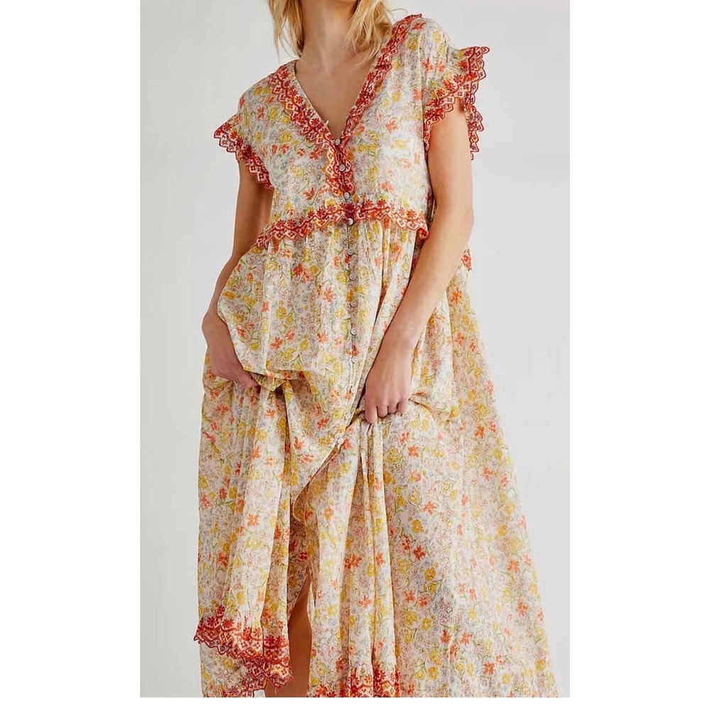 NEW Free People Milania Midi Dress Confetti Combo Floral Orange Boho Women's  M